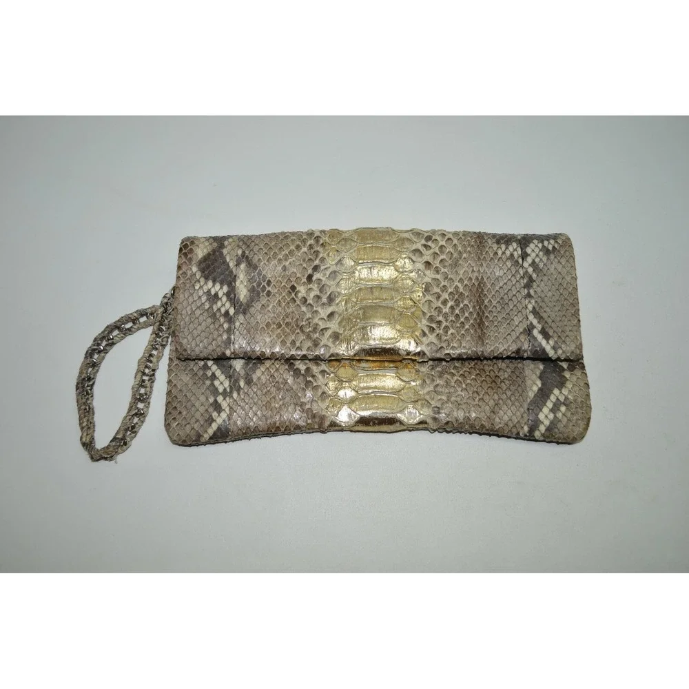 Designer Johnny Ramli Beige Gold Snake Skin Flap Clutch Wristlet Purse
